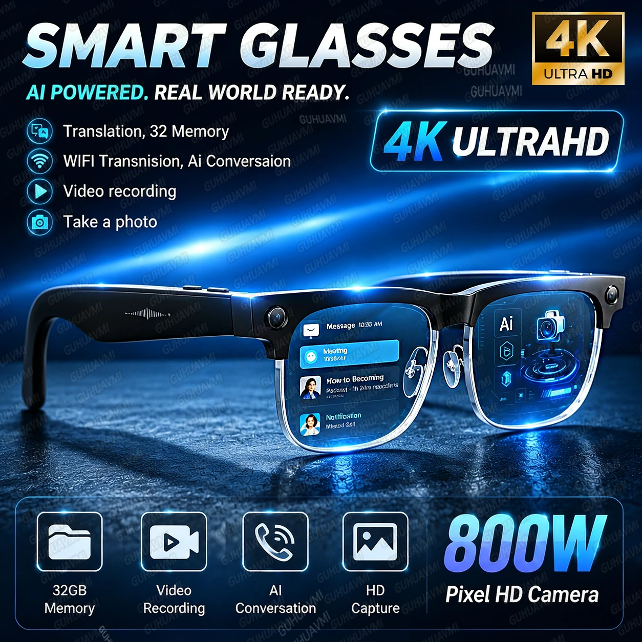 2026 New 8MP 4K HD Smart Glasses Video Photo AI Translation Bluetooth Call Music playback Waterproof Business Sports Sunglasses