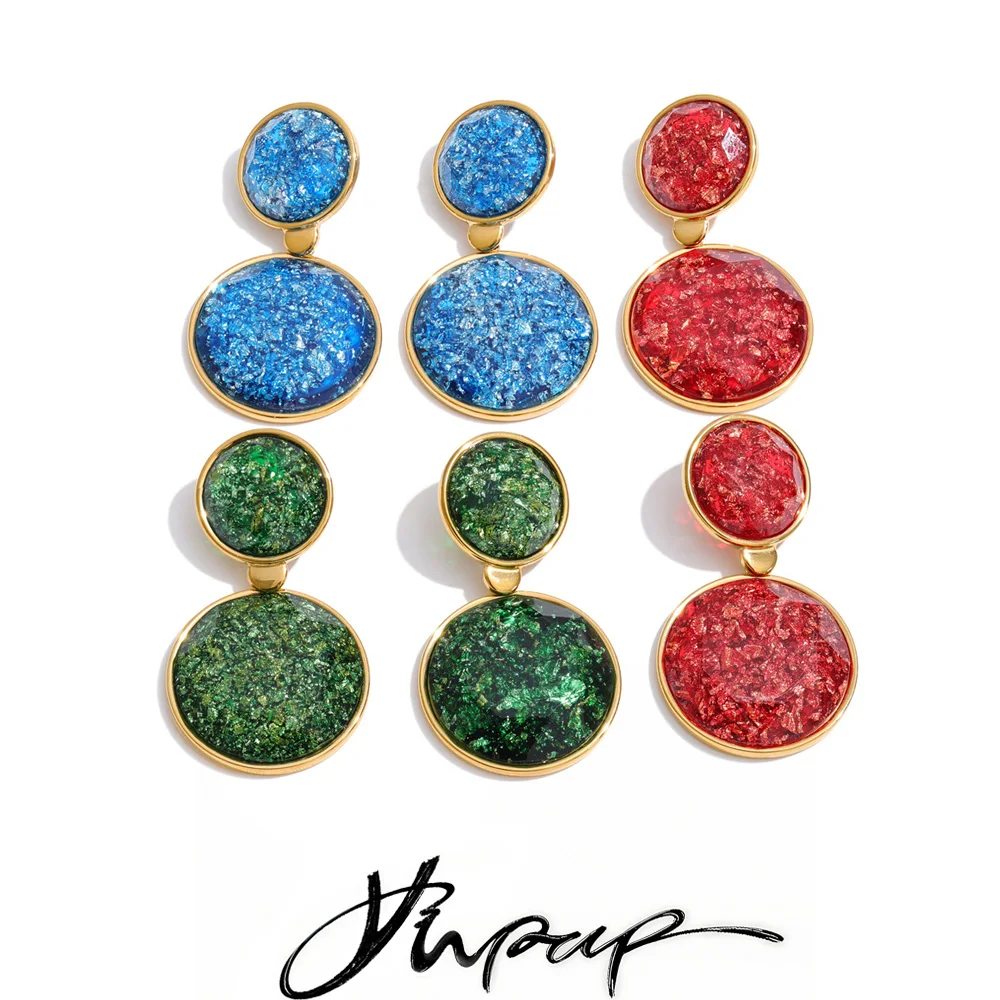 Yhpup Waterproof Resin Round Drop Earrings Stainless Steel Spring Summer Charming Jewelry Red Green Blue Black Color Accessories