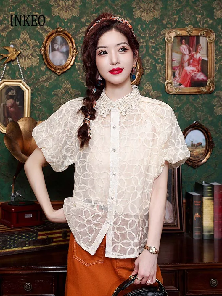 

Fashion Floral embroidery Shirt women's 2025 Summer Rhinestone Polo collar tops Short puff sleeve blouse Solid Sexy INKEO 4T145
