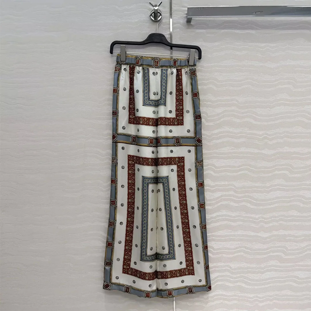 

Женские винтажные брюки из 100% шелка с этническим симметричным геометрическим тотемным принтом, на резинке, с высокой талией, свободные, повседневные, широкие штанины