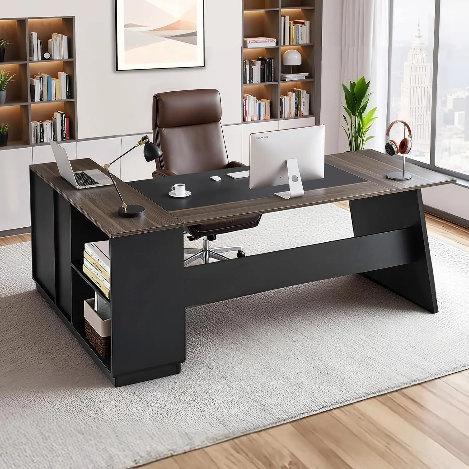 L-Shaped Executive Desk Office Table Drawers & Storage Cabinet Heavy Duty Wooden Workstation 350 LBS Work , Customized