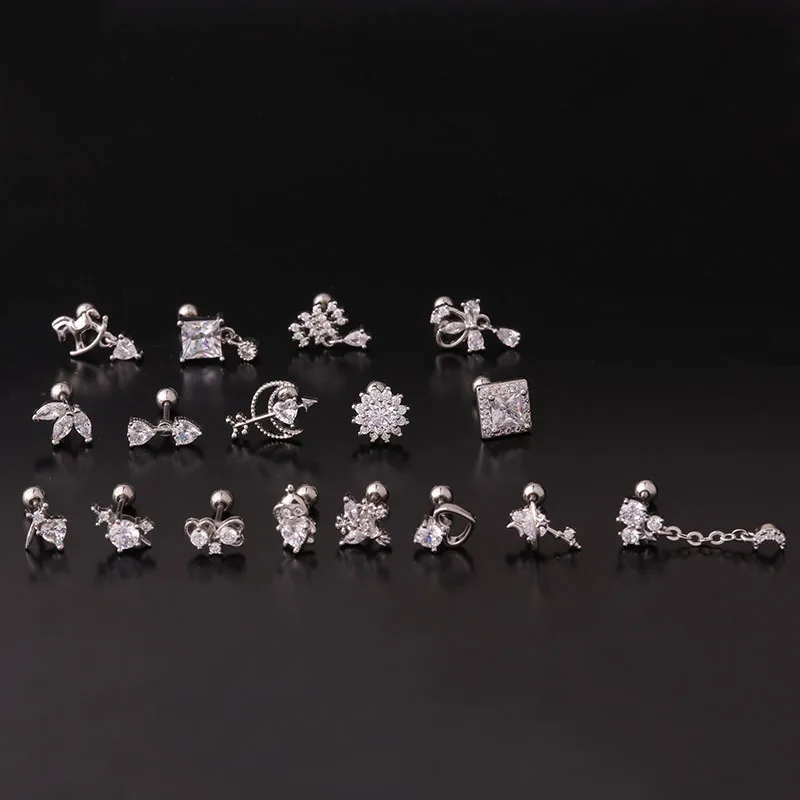 1Piece 20G Stainless Steel CZ Dangle Cartilage Earrings Heart Moon Conch Tragus Helix Snug Screw Back Stud Piercing Jewelry
