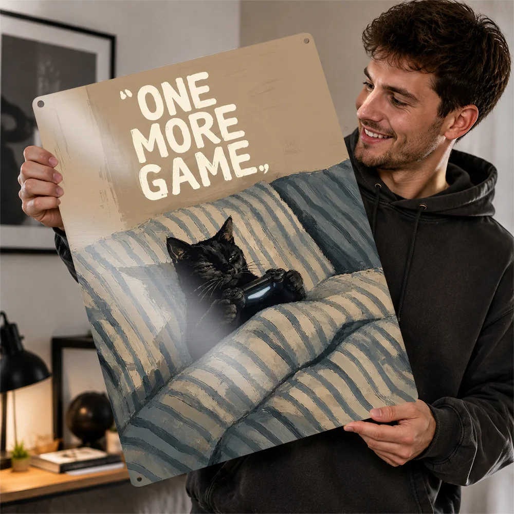 Black Cat Playing Video Games Aluminum Poster Painterly Wall Art For Entertainment Room Personalized Metal Sign Birthday Gift