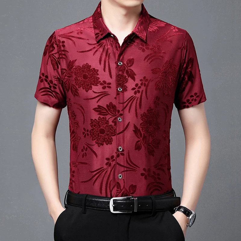 Gold Velvet High-End Luxury Carving Silky Short Sleeve Shirt Men Summer New Top Quality Hollow Soft Comfortable Camisa Masculina