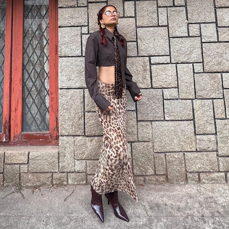 Women Leopard Tulle Midi Skirt Summer Fashion High Waist Elasticated Waistband Long Skirts Streetwear
