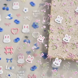 1pcs 5D Kawaii Rabbit Nail Stickers Japanese Japanese Cartoon Pink Blue Flower Adhesive Nail Art Decorations Decals Slider DIY