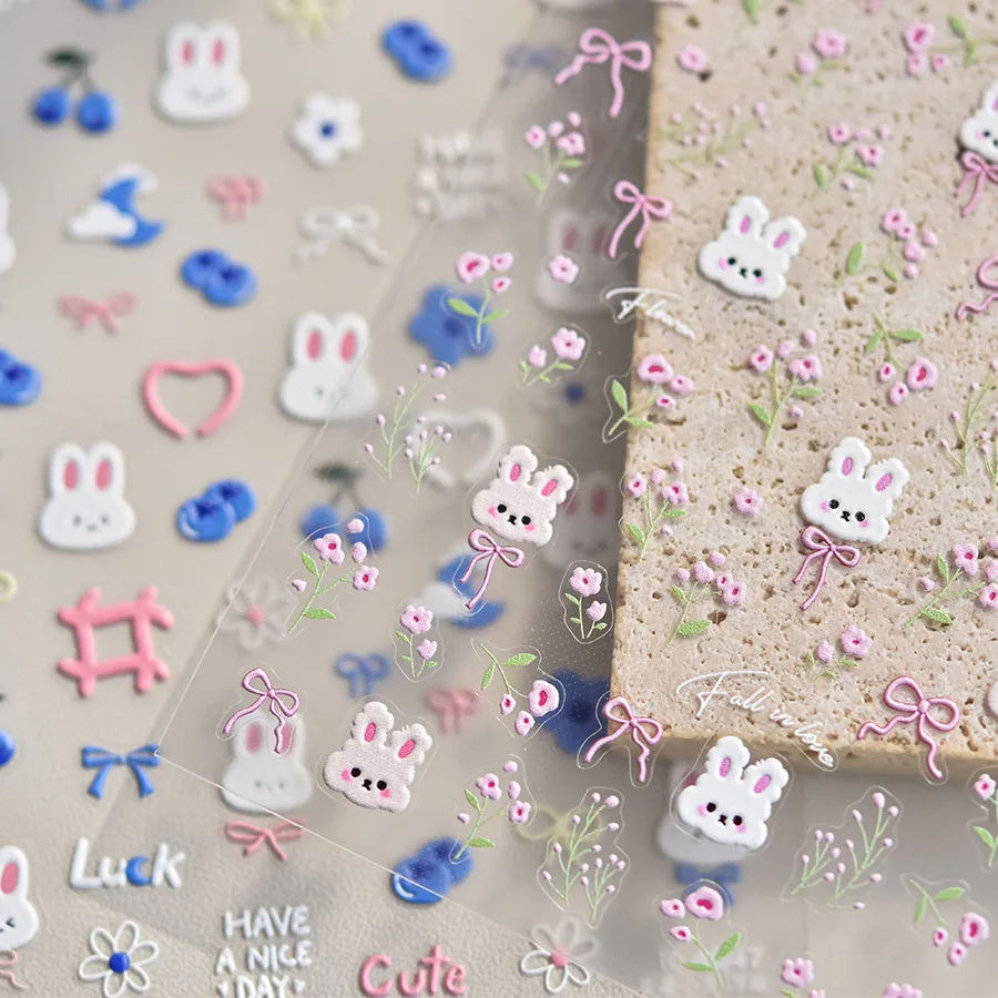 1 sztuk 5D Kawaii królik naklejki do paznokci japońskie japońskie kreskówki różowy niebieski kwiat samoprzylepne ozdoby do paznokci naklejki suwak DIY