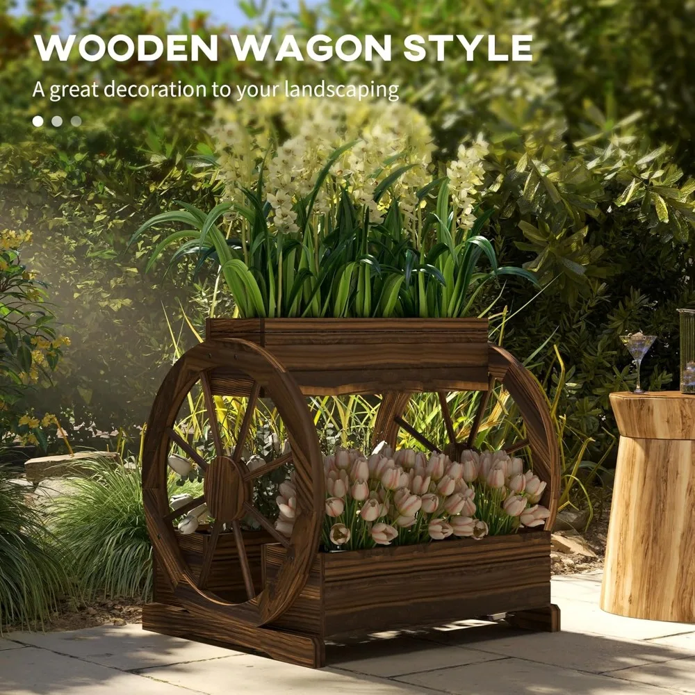 2-Tier Wooden Wagon Planter Box with Drainage Holes for Vegetables Flowers Herbs, 25x21x24 Inches