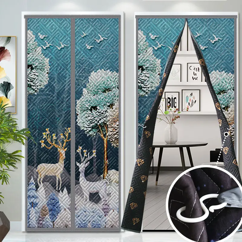 Magnetic Heat Insulation Keep Warm Windproof Screen Partition Hoop and Loop Door Curtain Luxury Print Winter Door Curtain