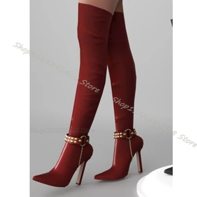 Red Rivet Ring Decor Knee Boots Pointed Toe Solid High Heels Boots Autumn Banquet Stylish Over Knee Boots Zapatos Para Mujere