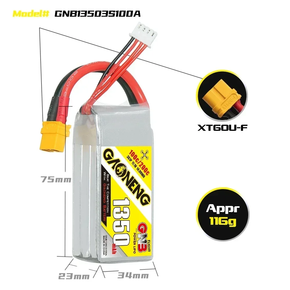 1350mAh/1550mAh/1850mAh 2S/7.4V/3S-11.1V/4S-14.8V/6S-22.2V 100C GNB Lipo Battery With XT60 Plug For FPV Drone RC Helicopter