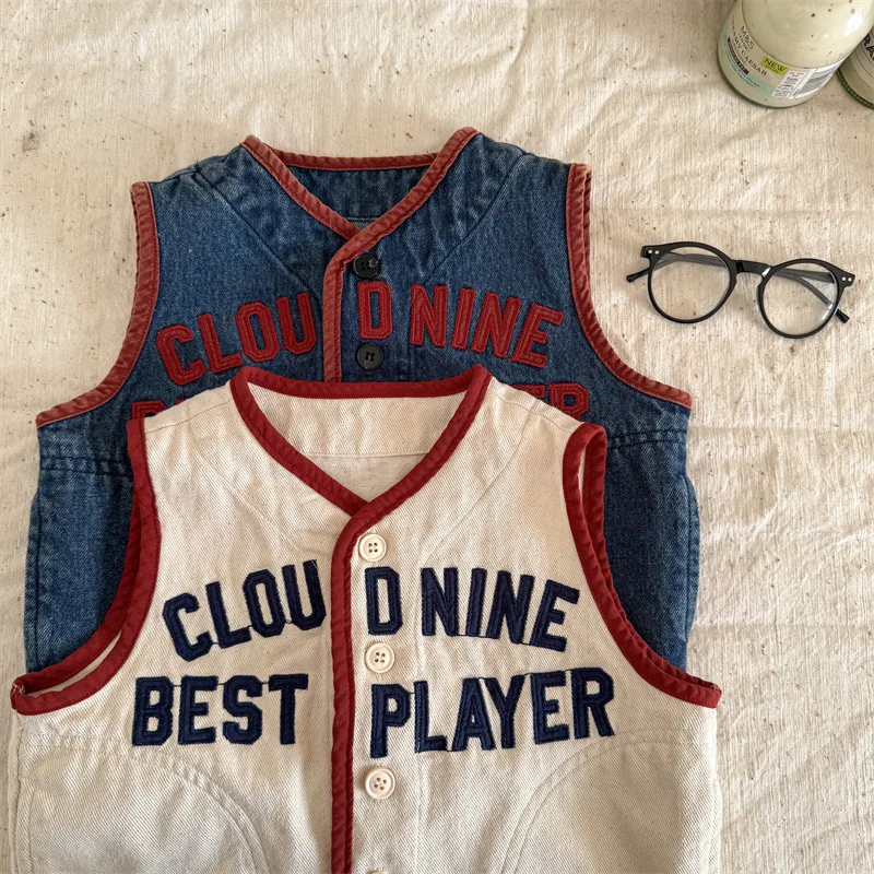 

New Children's Vest Spring Autumn Letter Embroidery Girls Boys Shoulder Sleeveless Jacket Baby Casual Denim Waistcoat