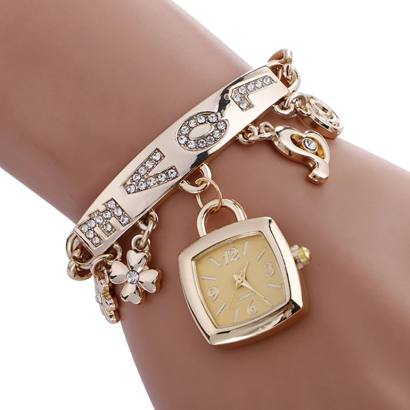 

Women Watches with Letters Rhinestone Inlaid Chain Bracelet Flower Pendant Wrist Watch Ladies Dress Watches Gift Zegarek Damski