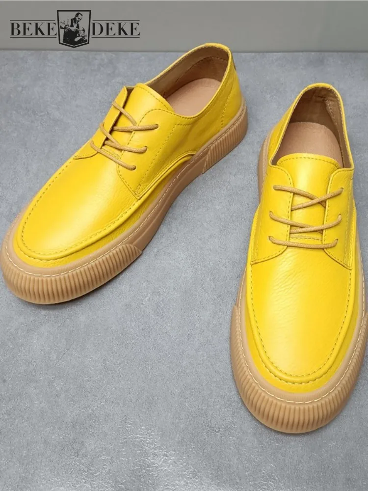 Mens Genuine Leather Causal Shoes Round Toe Lace Up Solid Color Spring Summer Breathable Flat Platform Shoes Male Walking Shoes