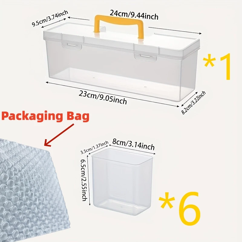 7Pcs Portable Tool Storage Box, Clear Plastic Parts Organizer with 6 Removable Bins, Heavy Duty Hardware Case for Screws Nails