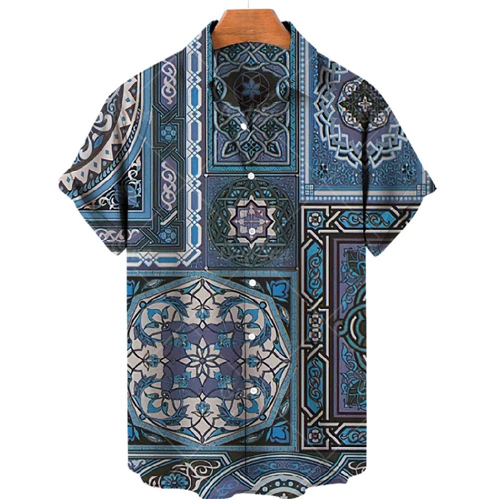 Men\'s ethnic personalized printed pattern casual short-sleeved shirt men\'s button-up top