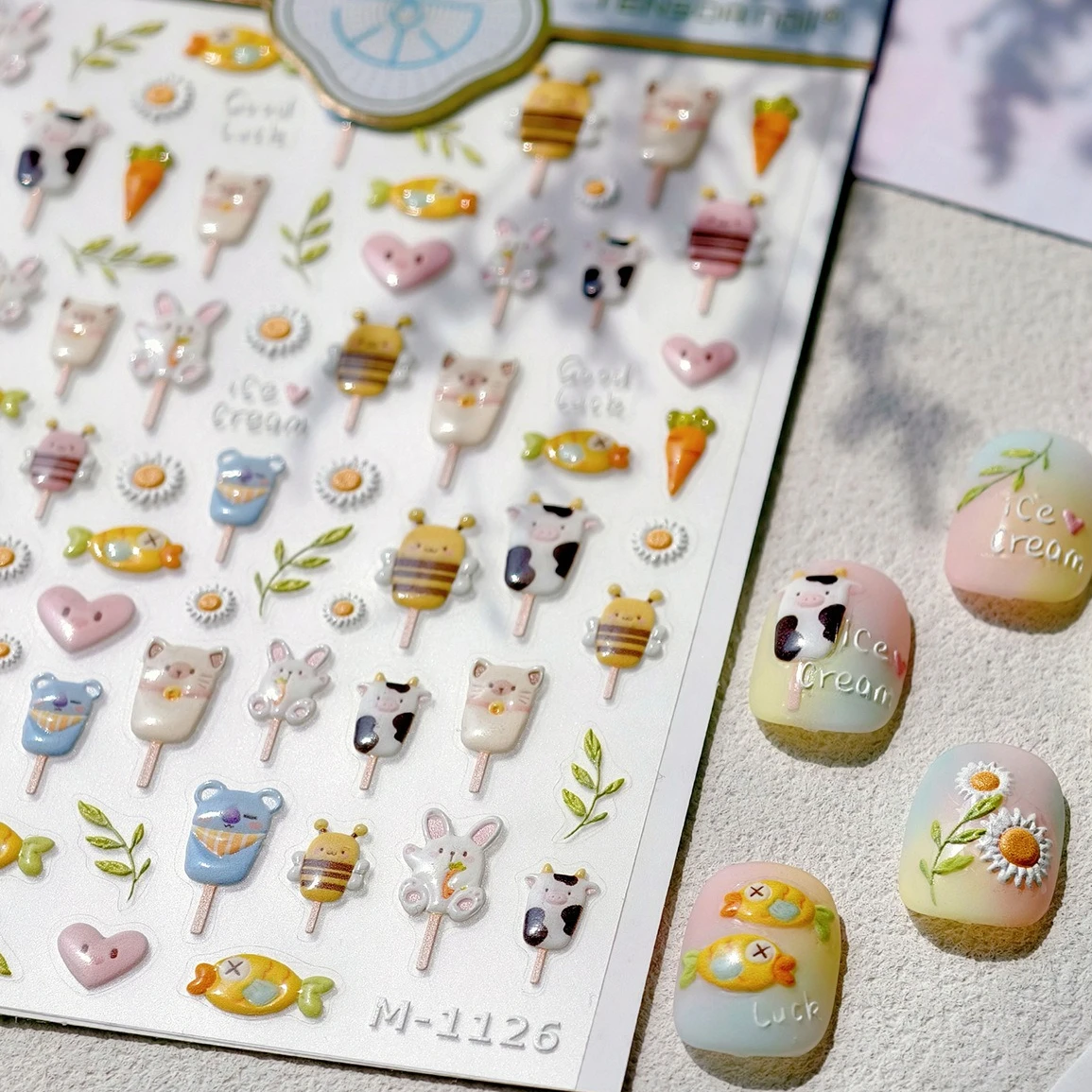 

Taiyaki Ice Cream Rabbit Bee Cow Cat Bear Carrot Daisy Cattle Heart Popsicle fruits Adhesive Nail Art Stickers Manicure Decals