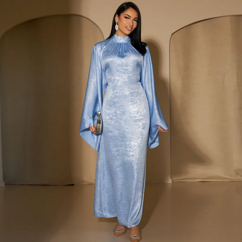 Belted Dress Shiny Satin Abaya Pagoda Sleeve Satin Dubai Islam Muslim Kaftan Dresses Kebaya Abayas Women Robe Musulmane Vestidos
