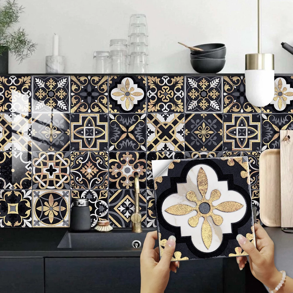 

16pcs/set Black & Gold Tiles Wall Sticker Kitchen Bathroom Tables Art Mural Home Decor Peel & Stick Oil-proof PVC Wall Decals