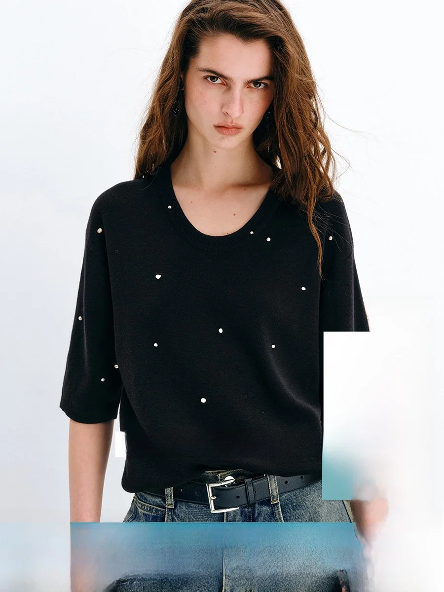 

YASAKO Baroque Sle Pearl Design Knitted Wool T-irt ort Sve Casual Loose Fit Women's Faion Spring Collection