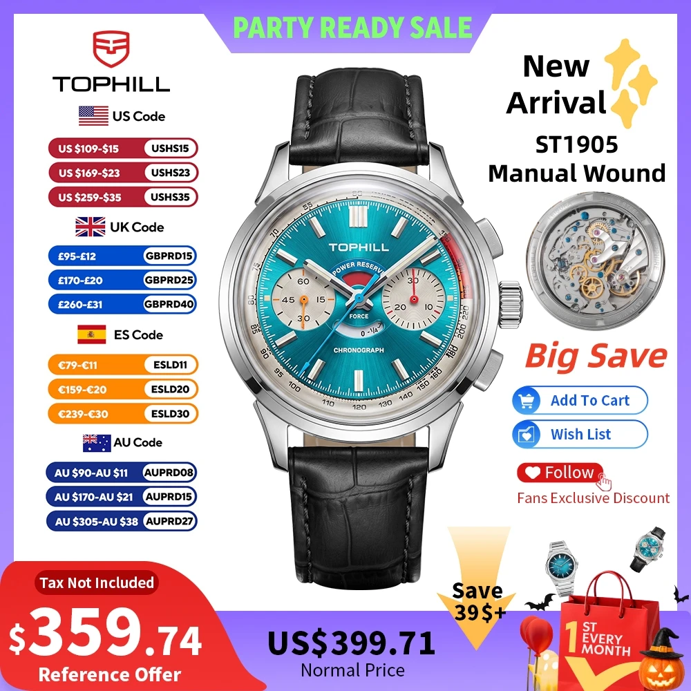 TOPHILL+ 40mm Seagull ST1905 Manual-Winding Chronograph Watch Power Reserve Domed Pot Cover Sapphire Glass 5ATM Luminous KIM003G