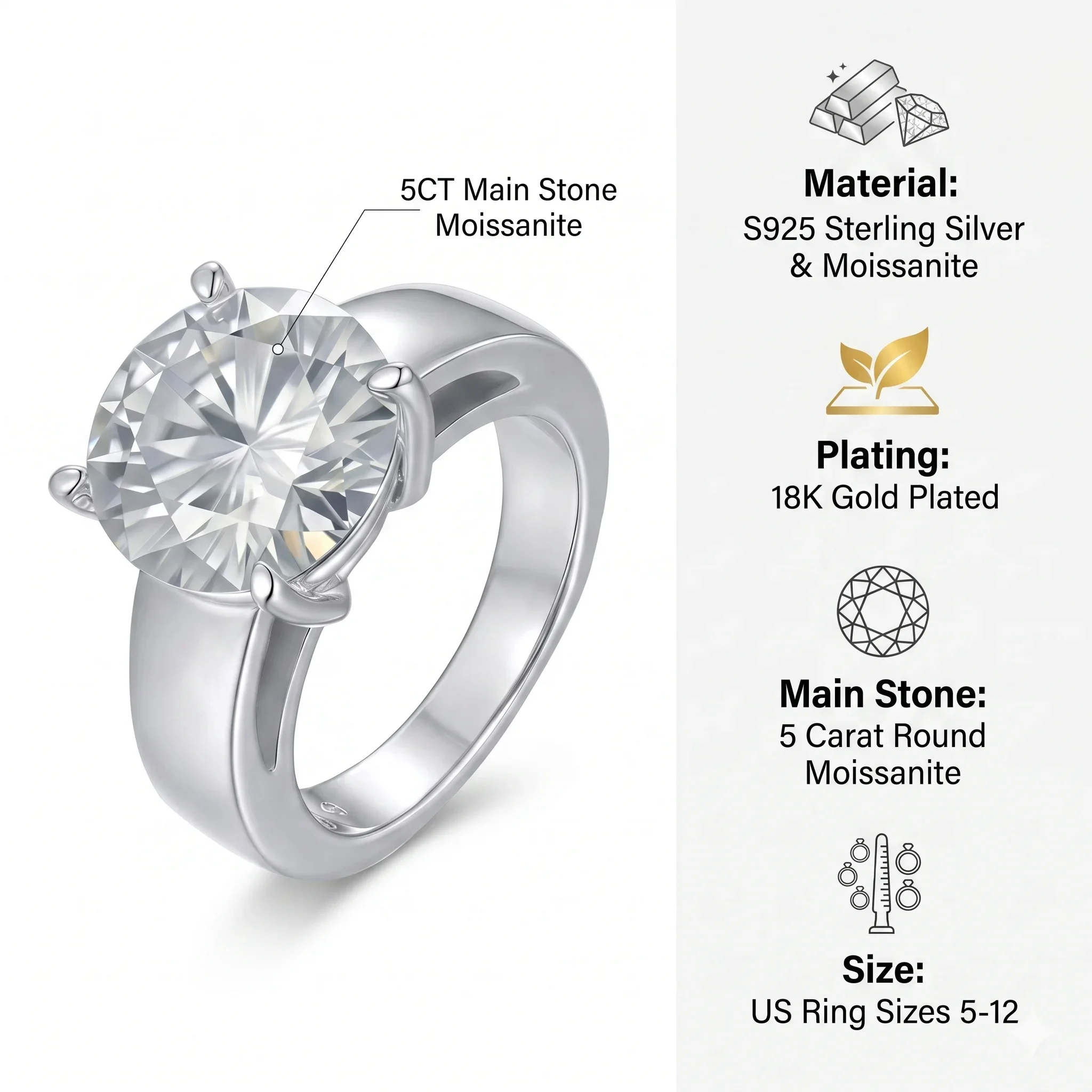 Round Moissanite Ring, Four-Prong Setting, S925 D Color VVS1 Sterling Silver Wedding Ring, Unisex, Diamond Tester Detectable