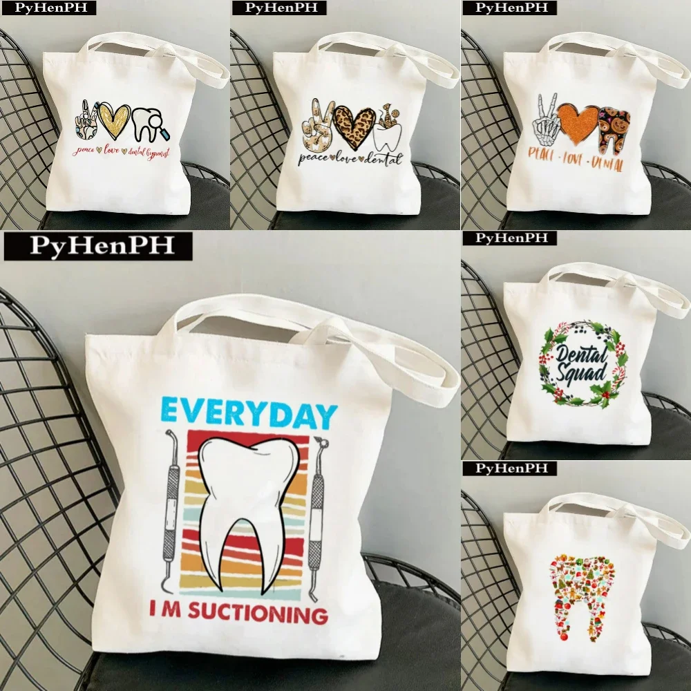 1pc Dental Squad Tooth Care Canvas Tote Bag Eco Friendly Reusable Spacious Shoulder Bag School Travel Yoga Tote Bag Daily Use