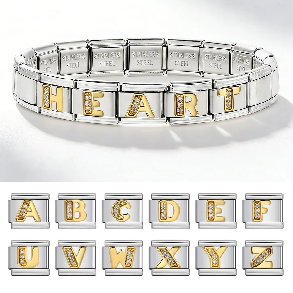 1pc New Fashion A-Z 26 Letter Inlaid Zirconia Gold Color Italian Charm Link Fit 9mm Stainless Steel Bracelet Making DIY Jewelry
