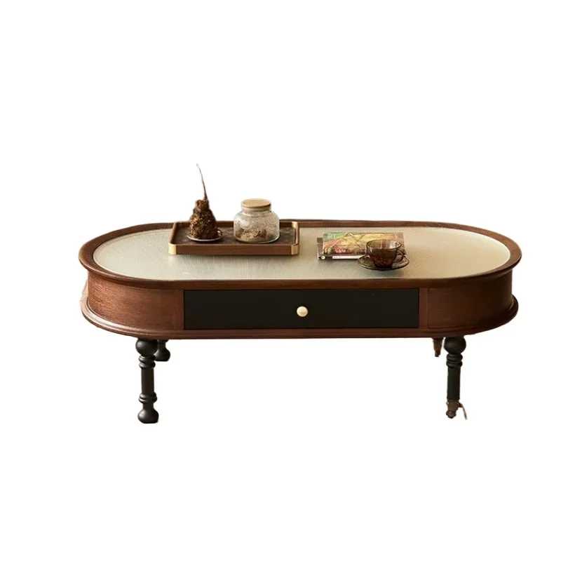 

French retro solid wood coffee table, movable living room home light luxury high-end oval small tea table
