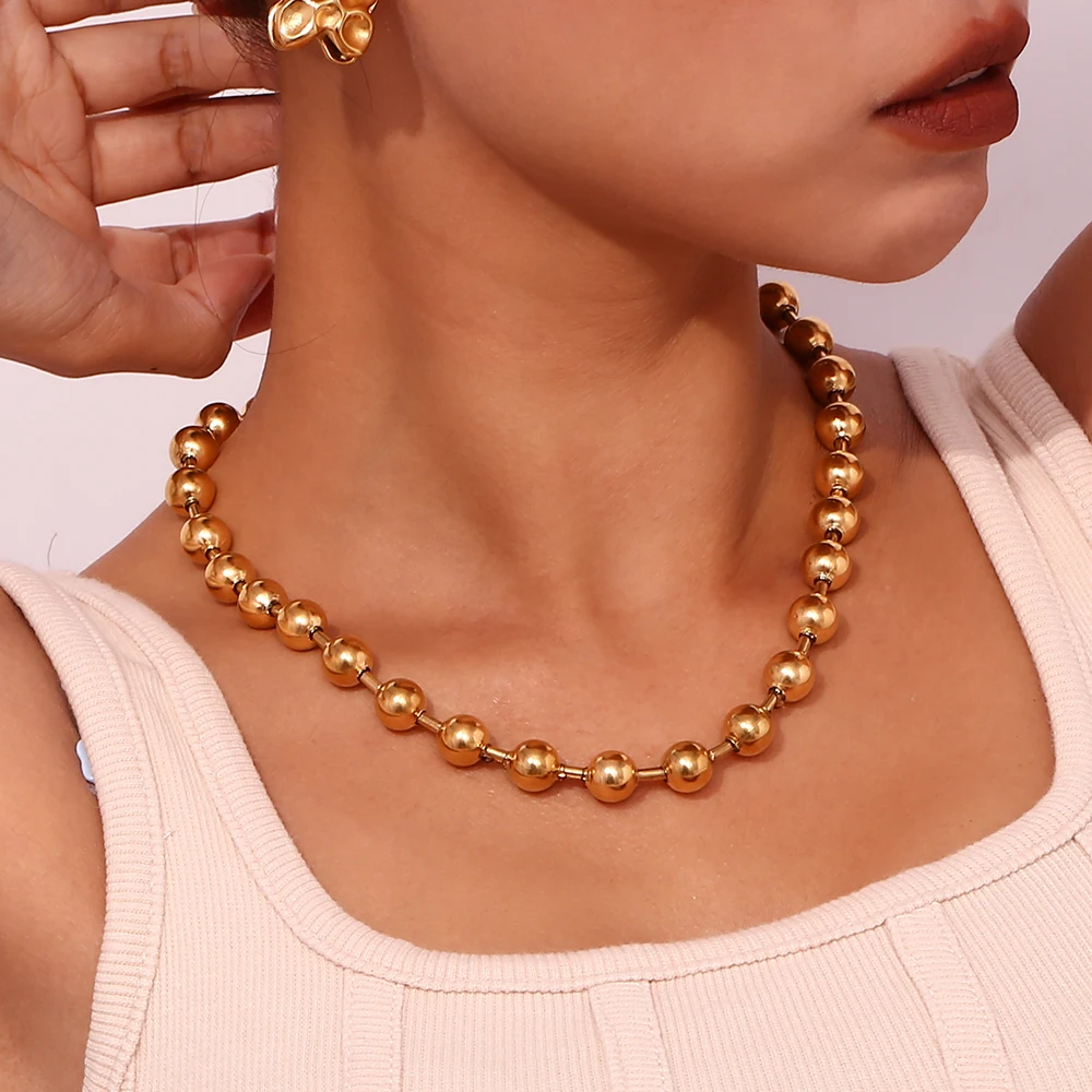 E.B.belle Halskette mit runden Perlen, schlicht, hypoallergen, silberfarben, 316L-Edelstahl, Schmuck, 18 Karat vergoldet, Dekoration – Detail 6