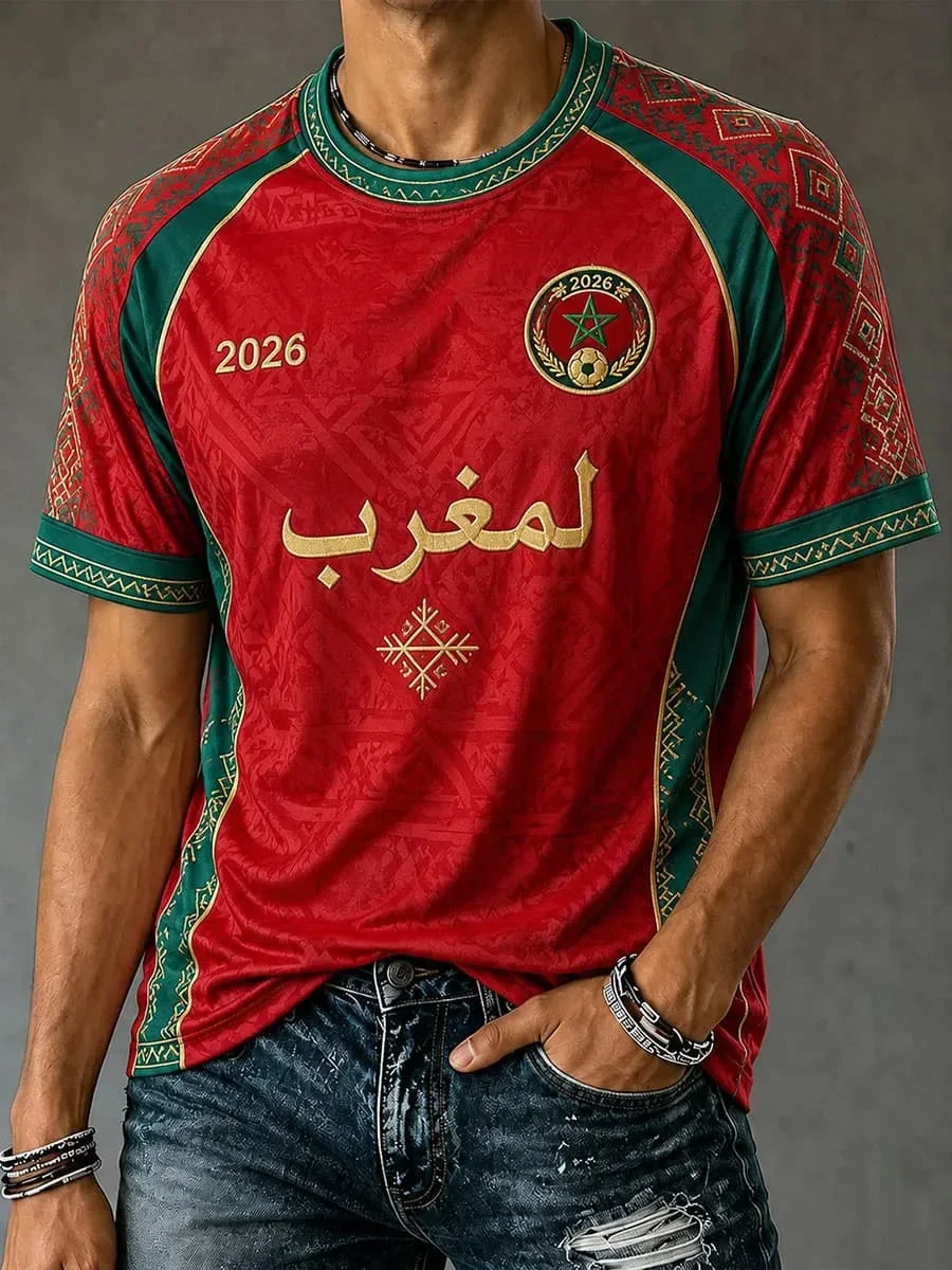 Herren 3D-Druck Marokko Fußball-Fan-T-Shirt, 2026 Fußball-inspiriertes Kurzarm-Trikot, Schnelltrocknendes Sport-Oberteil – Detail 9