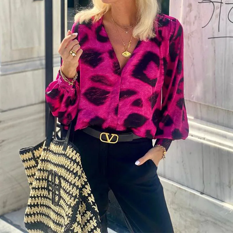 BAMBOOBOY Leopard Print Shirt Women Long Sleeve Woman Fashion Summer Top Female V-Neck Elegant Rose Red Blouses