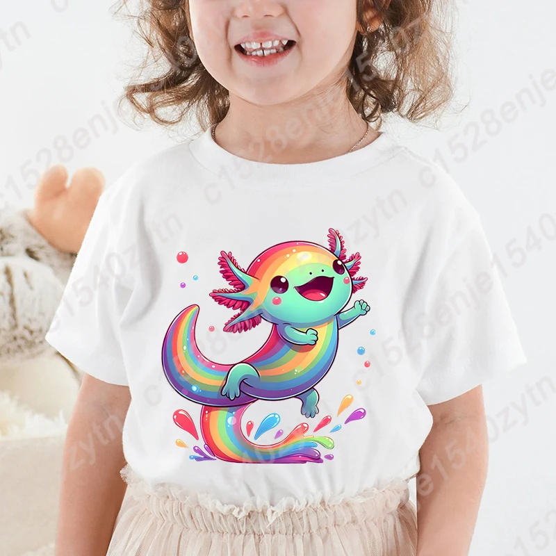 Axolotl Graphic Print Creative T-Shirts, Soft Comfy Crew Neck Short Sleeve Tee, Girls' Summer Tops