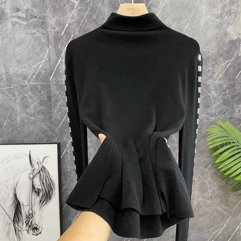 

Elegant Black Woolen Knitted Top High Collar Slim Fit Long Sleeve Diamond Embedded Base Layer Shirt for Women Commute Style