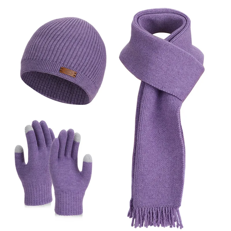 3Pcs Set Hat Scarves Gloves Winter Warm Matching Set Knit Beanie Hat Scarf Gloves Touch Screen Unisex Cold Weather Windproof