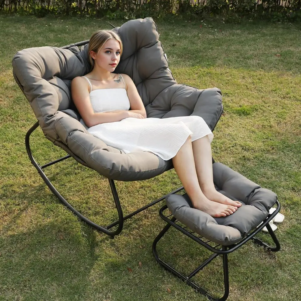 

Outdoor Wicker Reading Chair with Cushions, Metal Lounge Papasan Chair, Indoor-Outdoor Rocking Chair Set