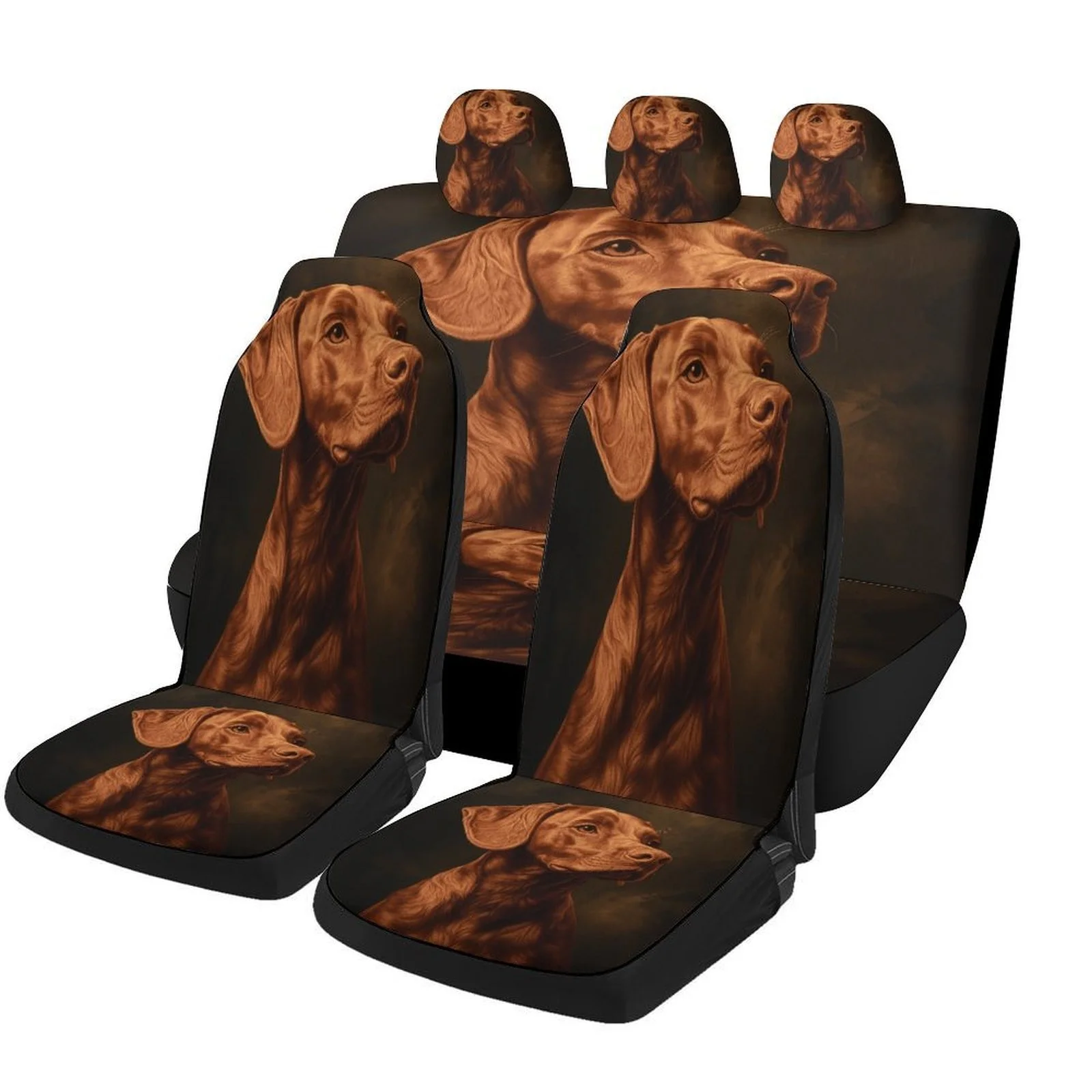 Set Of Car Seat Covers Featuring A Brown Dog Portrait, Designed To Fit Most Vehicles. These Stylish And Comfortable Covers Serve