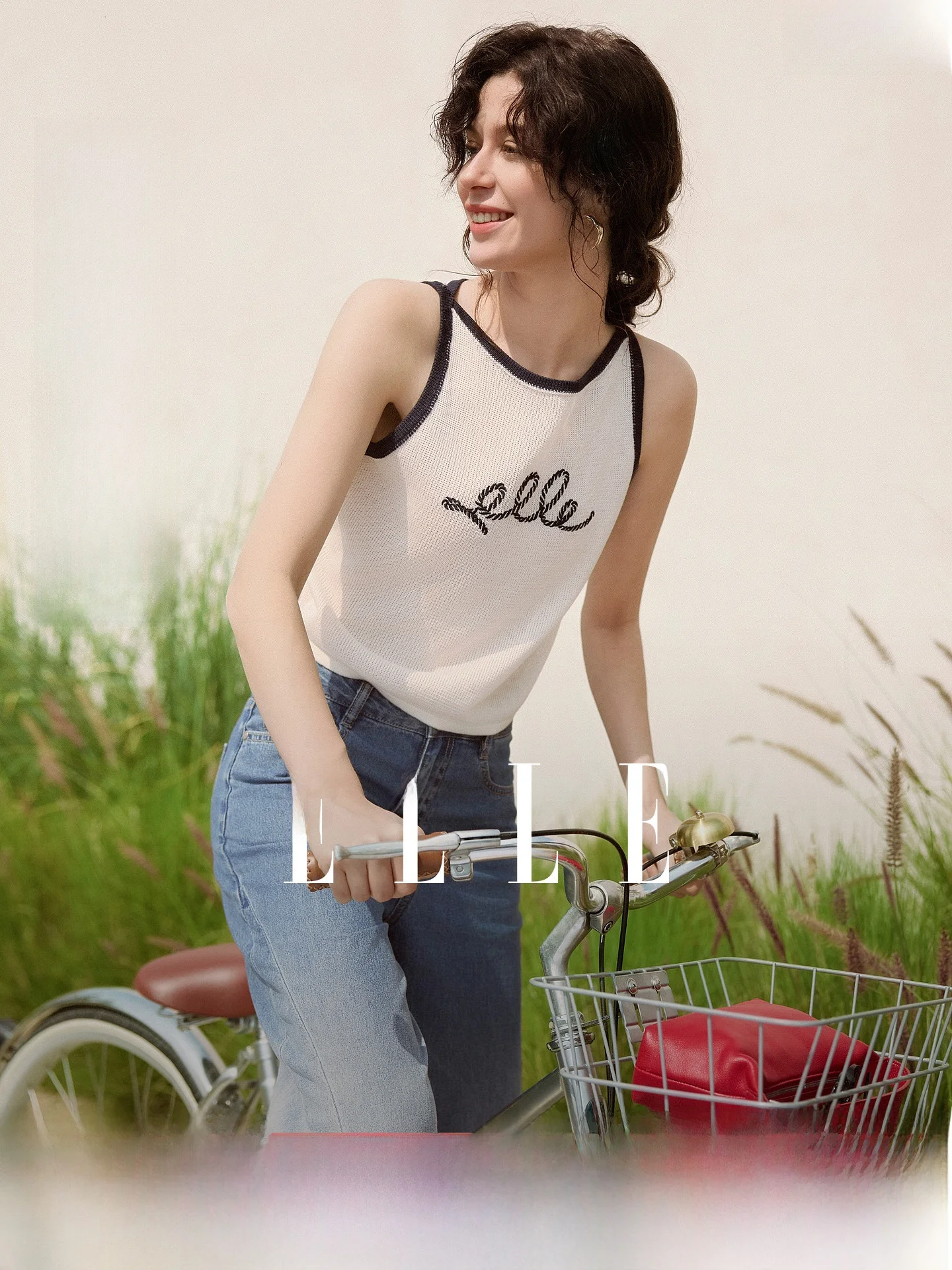 

Elle Women's White Strap Vest Retro Color Block Design Summer New Style Unique Inner Wear Top Comfortable Polyester Blend