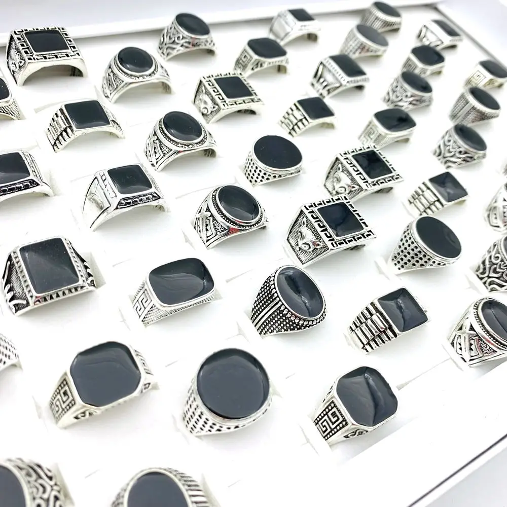 20pcs Mens Rings Black Enamel Silver Plated Retro Jewelry Mix Styles Carved Pattern Wholesale Lot