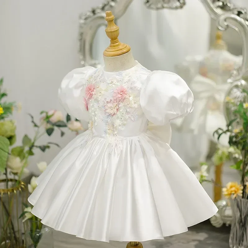 Robe princesse en dentelle à fleurs pour bébé fille, manches courtes bouffantes, nœud vintage, vêtements de fête, reconstitution historique, anniversaire, enfant de 1 à 12 ans