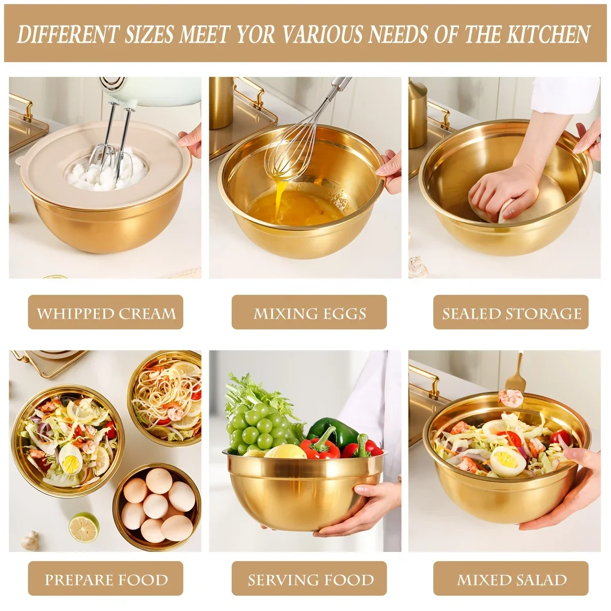10-piece gold stainless steel mixing bowl set with lid and sharpener - perfect for baking, cooking, salad | dishwasher-cleaning
