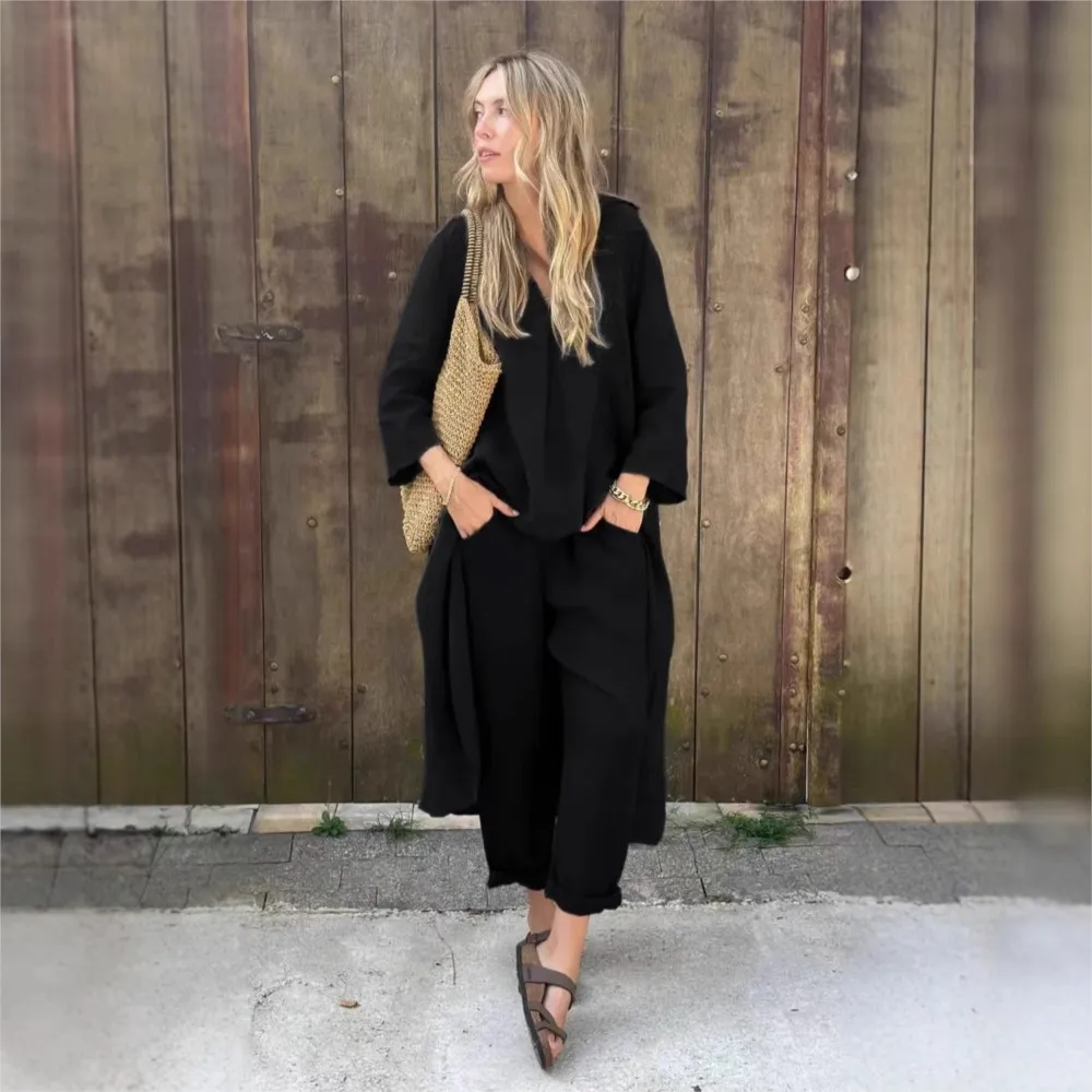 Lose Beiläufige Lange Ärmeln frauen Hosen 2-teilig Frühling Sommer Neue Mode Einfache Böhmische Mode Hosen Anzug Weibliche Büro anzug