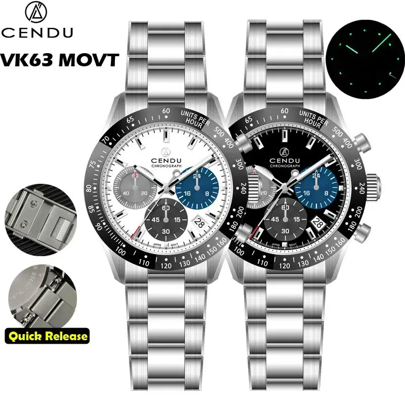 Cendu Chronogh Orologio da uomo Mecha Quarzo VK63 MOVT Vetro zaffiro Chiusura a mosca a sgancio rapido Personalizza il logo