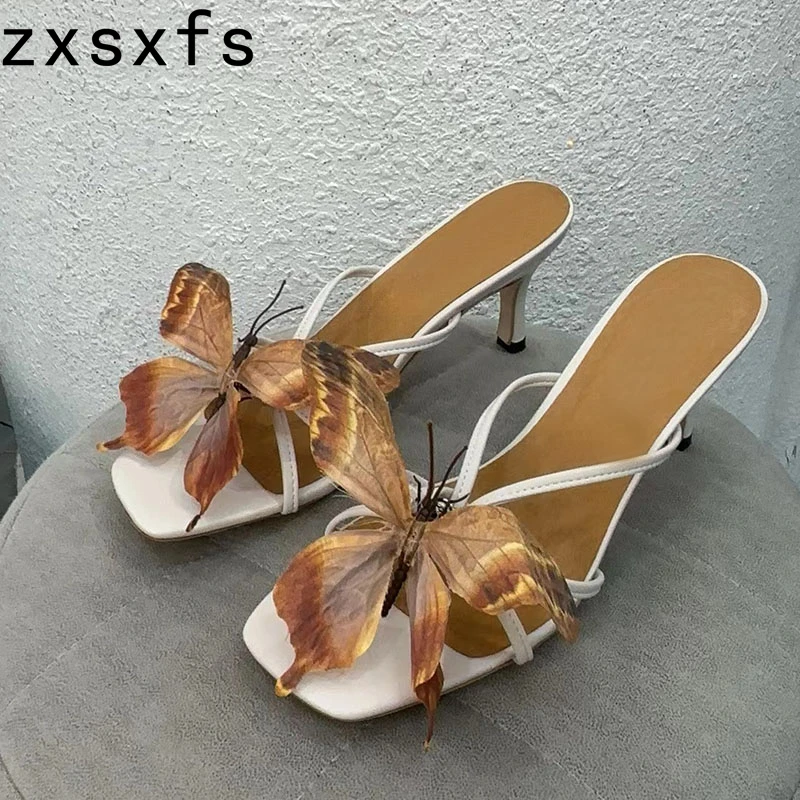 

Summer Square Toe Slides Butterfly-knot Decor Thin Heels Gladiator Sandals Women Slippers Leather Party Shoes Ladies Slippers