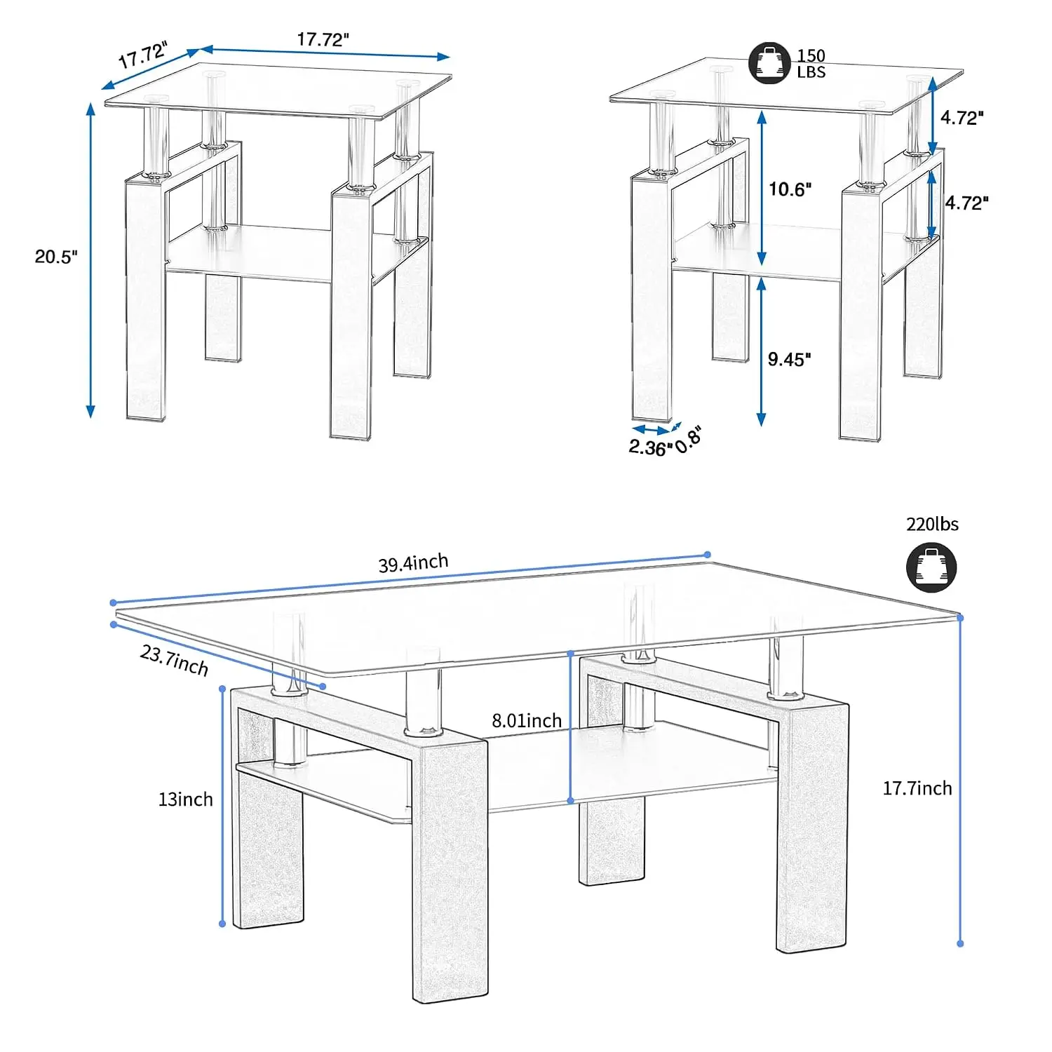 3 Piece Glass Coffee Table Set with Metal Legs for Living Room & Bedroom Nightstand, Tempered Glass, Clear+Black, Customized