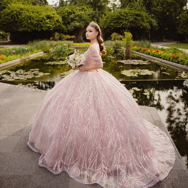 Vestido quinceanera rosa brilhante, renda tull, glitter, decalque, cauda longa, vestidos de 15 quinceanera ﻿ Personalizado