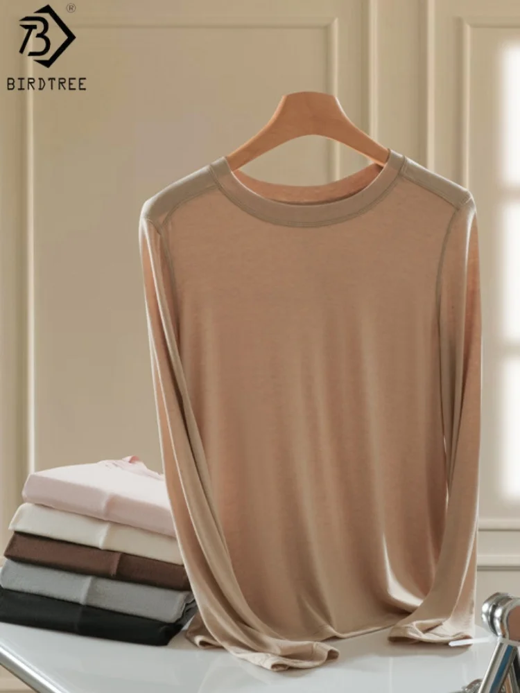 

Birdtree Wool Lyocell Blend Bottoming T-shirt,Women Full Sleeve Solid Shirt,2025 Autumn O-neck Loose Tops Pullover T59718JF