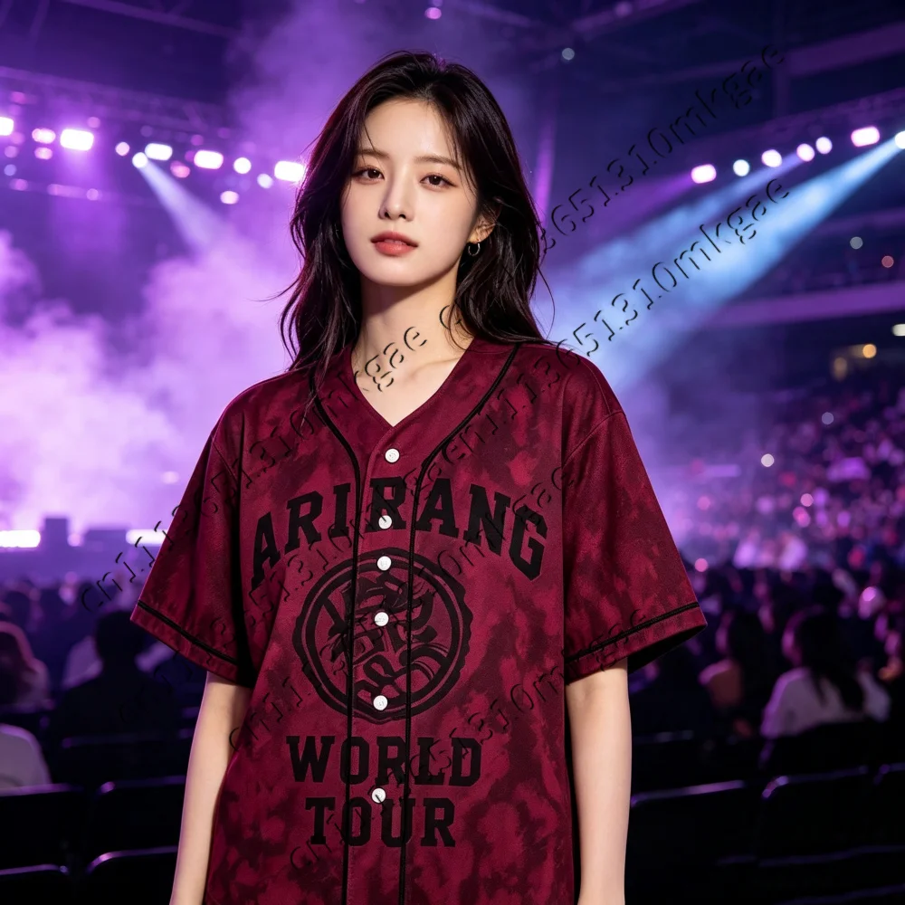 Kpop Arirang World Tour 95 Baseball Jersey Men Women Burgundy Tie Dye Button Up Short Sleeve Loose Concert Fans Kids Casual Tops