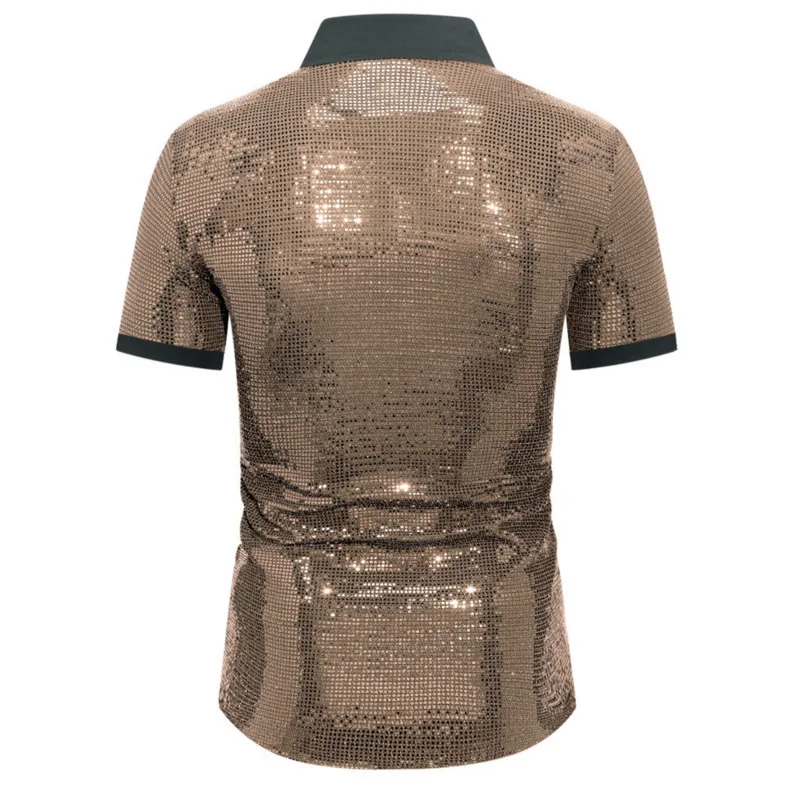 #4671 Summer Sequined Shirts Men Short Sleeve Gold Silver Rred Party Club Dance Split Joint Streetwear Mens Shirts Loose Shinny