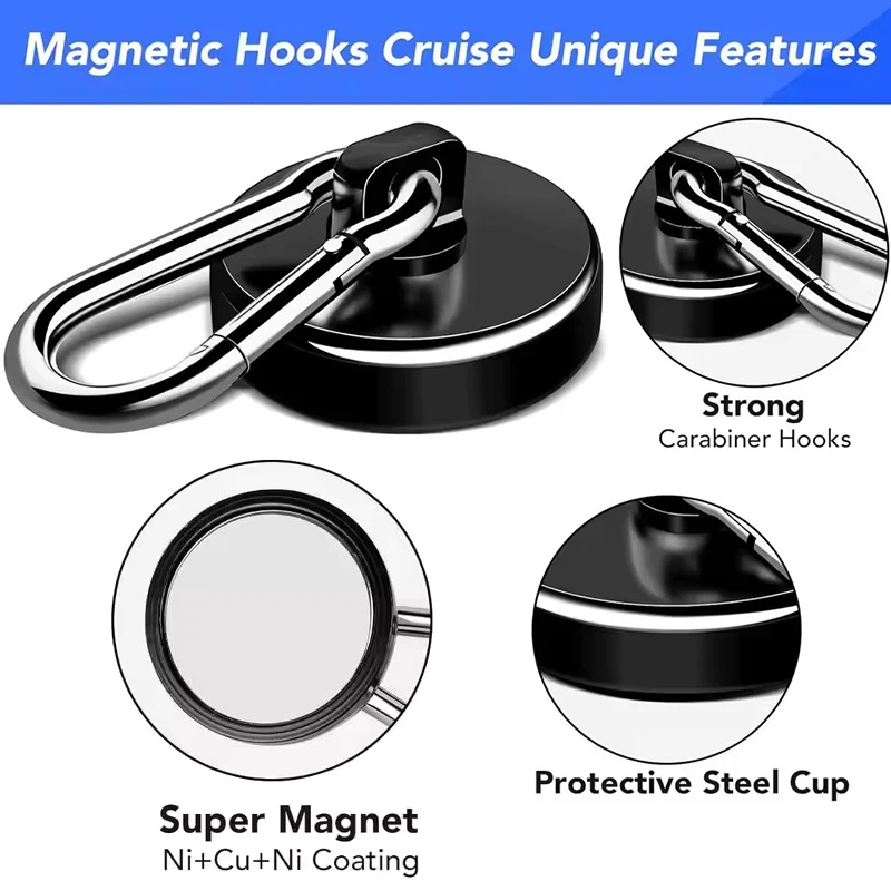Black Windproof Rust Proof Heavy Duty Magnets Strong Magnetic Hooks With 360°Swivel Carabiner Buckle Hook, for Garage RV Kitchen